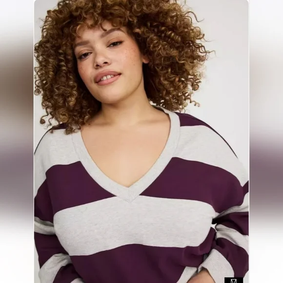 Drop Shoulder V-Neck PulloverStriped V-Neck Sweater - Purple and Gray - Picture 3 of 11